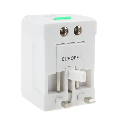 Universal Travel Adaptor with USB Port for Global Outlets white plug adapter showing Europe prong configuration