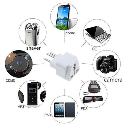 Universal Travel Plug Adapter for International Outlets showing white adapter with devices like phone, laptop, camera, shaver and tablet