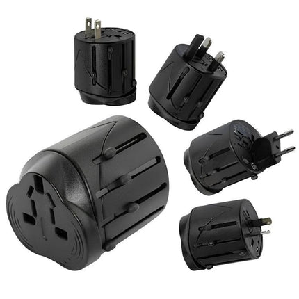 Universal Travel Adaptor for EU, UK, US, and AU Outlets compact black multi-plug travel adapter showing EU UK US AU configurations