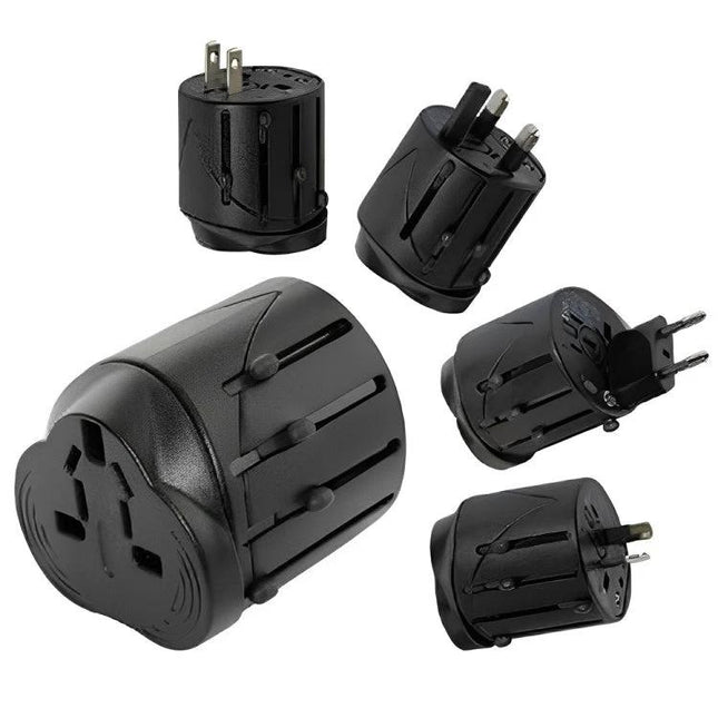 Universal Travel Adaptor for EU, UK, US, and AU Outlets compact black multi-plug travel adapter showing EU UK US AU configurations