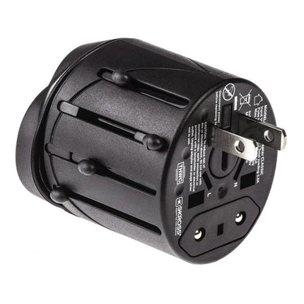 Universal Travel Adaptor for EU, UK, US, and AU Outlets compact black multi-country plug adapter for smartphones laptops and cameras