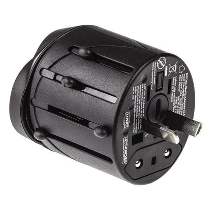 Universal Travel Adaptor for EU, UK, US, and AU Outlets compact black multi-plug adapter for smartphones laptops cameras