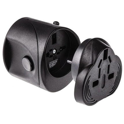Universal Travel Adaptor for EU, UK, US, and AU Outlets black compact multi-plug adapter for smartphones laptops cameras