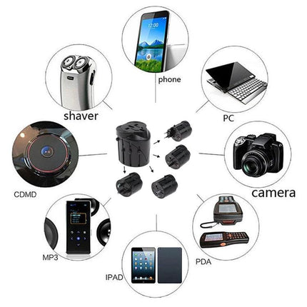 Universal Travel Adaptor for EU, UK, US, and AU Outlets - compact universal plug adapter shown with phone, laptop, camera and tablet for global travel