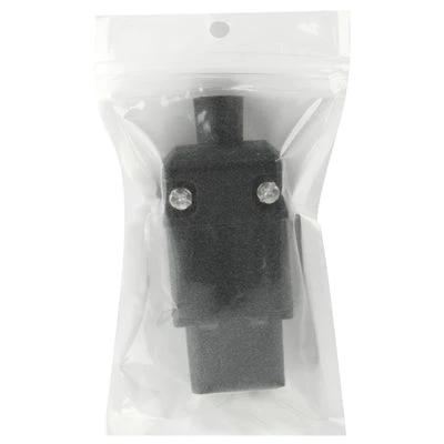 Universal Travel Power Adapter with 3-Prong Female Socket for Global Use in clear retail bag showing black adapter ready for travel