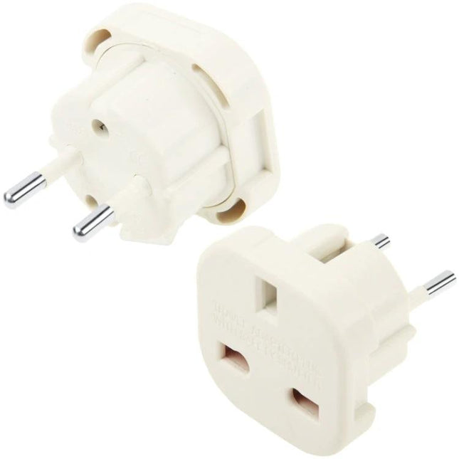 Universal UK to EU Travel Power Plug Adaptor for Sockets shown as white dual-pin adaptor for UK devices to use in EU sockets