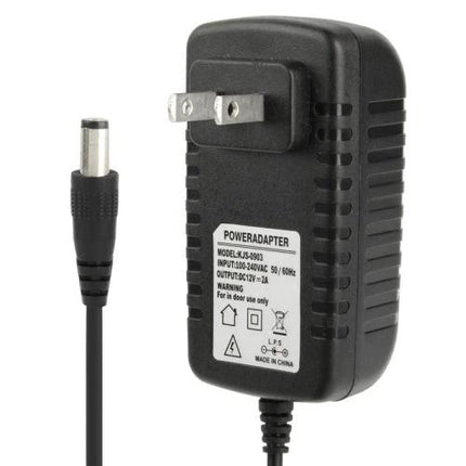 AC to DC 12V 2A Power Adapter with EU and US Plugs for Devices - compact black travel adapter with barrel connector and dual plug compatibility