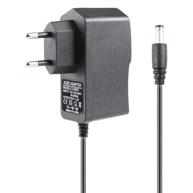 EU Plug AC to DC 6V 2A Power Adapter for Electronic Devices with barrel connector and EU two-pin plug, compact black power supply
