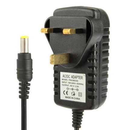UK Plug Power Adapter for 9V DC Devices with 2A Output - black UK mains adapter with 9V DC barrel plug for routers, hard drives, audio gear