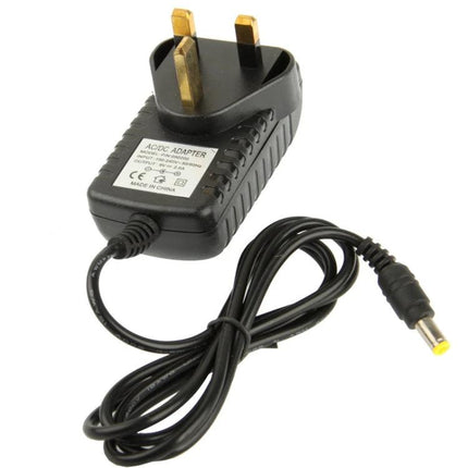 UK Plug Power Adapter for 9V DC Devices with 2A Output - black UK mains adapter with 9V DC barrel connector for routers, audio, HDDs