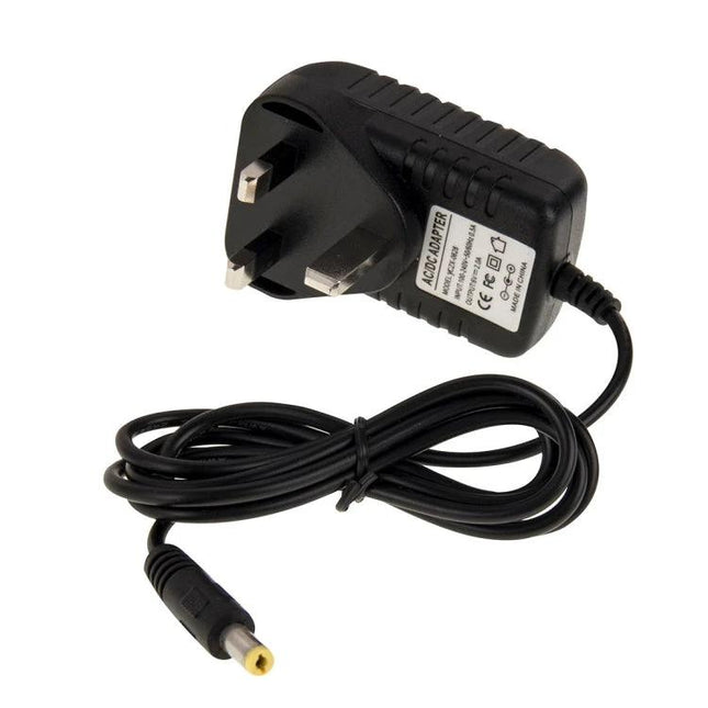 UK Plug AC to DC Power Adapter for 6V 2A Devices – black UK mains adapter with DC barrel plug for routers, LED strips and small gadgets