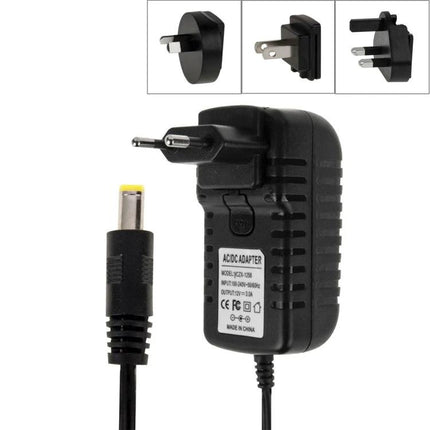 12V 3A DC Power Adapter with EU, US, UK, and AU Plugs for Devices - black travel power adapter with interchangeable EU/US/UK/AU plug heads