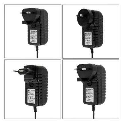 12V 3A DC Power Adapter with EU, US, UK, and AU Plugs for Devices shown with four interchangeable plug types for international travel