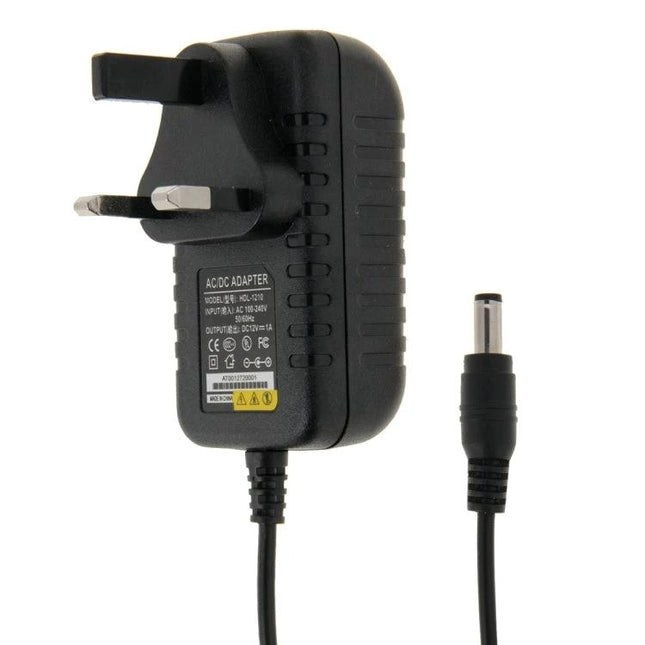 UK Plug Power Adapter with DC 12V 1A Output for Everyday Electronics - black UK wall charger with barrel connector for routers, LED strips, cameras