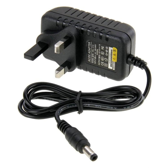 Alt Tag: UK Plug Power Adapter with DC 12V 1A Output for Everyday Electronics black UK wall adapter with DC barrel plug