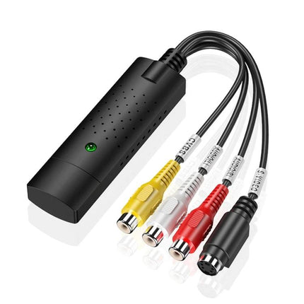 DVD Maker Portable USB Video Capture for Digitizing Home Videos - black USB capture box with yellow red white composite and S-Video cables
