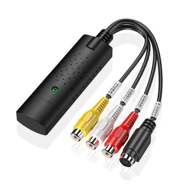 DVD Maker Portable USB Video Capture for Digitizing Home Videos - black USB capture box with yellow red white composite and S-Video cables