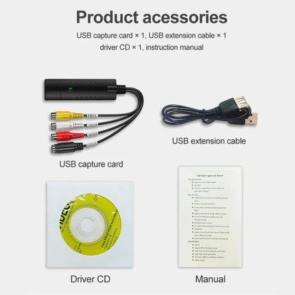 DVD Maker Portable USB Video Capture for Digitizing Home Videos - accessories kit showing USB capture card, USB extension cable, driver CD, and manual