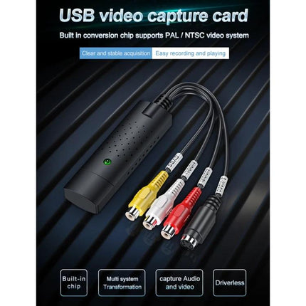 DVD Maker Portable USB Video Capture for Digitizing Home Videos showing USB capture device with RCA and S-video cables