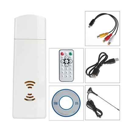 Compact USB Analog TV Stick for Viewing TV on Your Computer - portable USB TV tuner with remote, cables, antenna and driver CD