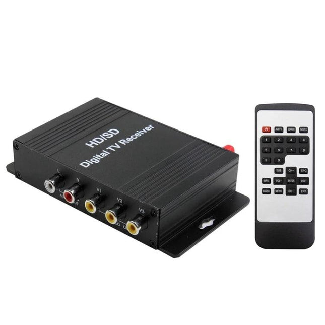 Portable ISDB-T Digital TV Receiver for Cars in South America - compact in-car digital TV tuner with remote, RCA outputs and antenna for road trips