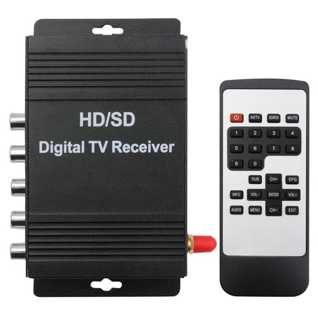 Portable ISDB-T Digital TV Receiver for Cars in South America showing compact HD/SD receiver box and remote control for in-car entertainment