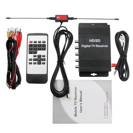 Portable ISDB-T Digital TV Receiver for Cars in South America - compact HD/SD mobile antenna kit with remote, cables and user manual