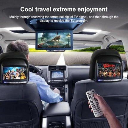 Portable ISDB-T Digital TV Receiver for Cars in South America installed in car with overhead and headrest screens showing movies and remote control