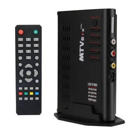 High Definition TV Box with Remote for Home Entertainment Use black TV box with remote showing AV RCA and coaxial inputs