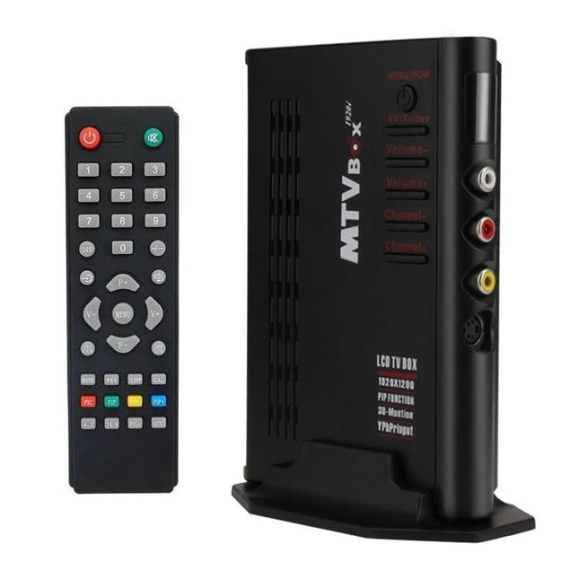 High Definition TV Box with Remote for Home Entertainment Use black TV box with remote showing AV RCA and coaxial inputs