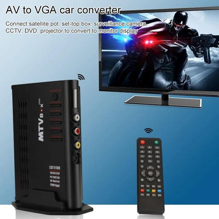 High Definition TV Box with Remote for Home Entertainment Use showing AV-to-VGA converter, HDMI-ready TV, and remote control for streaming and monitoring
