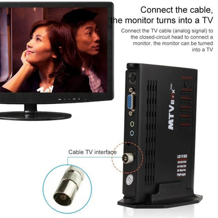 High Definition TV Box with Remote for Home Entertainment Use shown beside monitor displaying video and cable TV interface connection