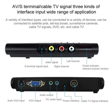 High Definition TV Box with Remote for Home Entertainment Use showing AV, VGA, audio and cable TV inputs on back panel
