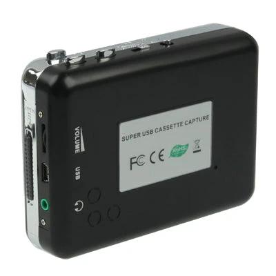 Portable USB Cassette to MP3 Converter in Black for Tape Digitizing — compact black USB cassette capture device for digitizing tapes