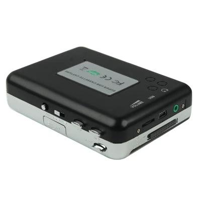 Portable USB Cassette to MP3 Converter in Black for Tape Digitizing - compact USB cassette digitizer with buttons and ports
