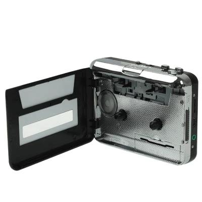 Portable USB Cassette to MP3 Converter in Black for Tape Digitizing open cassette player showing internal mechanism and tape compartment