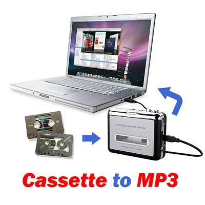 Portable USB Cassette to MP3 Converter in Black for Tape Digitizing connected to laptop showing cassette tapes being digitized