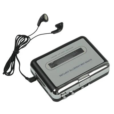 Portable USB Cassette to MP3 Converter in Black for Tape Digitizing - compact cassette-to-MP3 player with earbuds