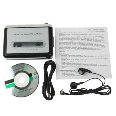 Portable USB Cassette to MP3 Converter in Black for Tape Digitizing - compact cassette digitizer with USB cable, headphones and software CD