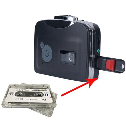 Ezcap 230 Converter for Digitizing Cassette Tapes to MP3 Files showing device with cassette and USB drive plugged in
