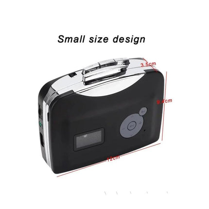 Ezcap 230 Converter for Digitizing Cassette Tapes to MP3 Files compact black unit with controls and dimensions shown