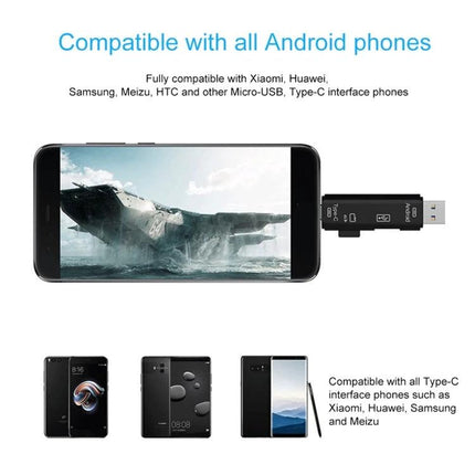 Compact Adapter for Everyday File Transfers on Devices showing phone connected to USB Micro USB TF OTG card reader for on-the-go transfers