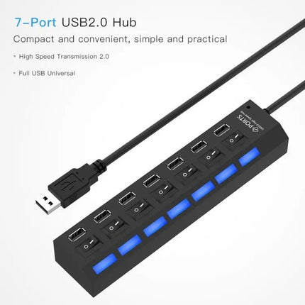 7-Port USB 2.0 Hub with Switch and LED Indicators for Device Expansion | Syndmart