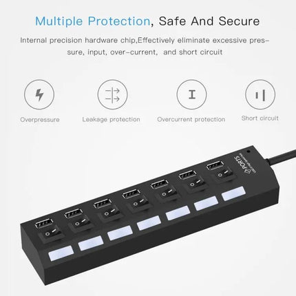 7-Port USB 2.0 Hub with Switch and LED Indicators for Device Expansion | Syndmart