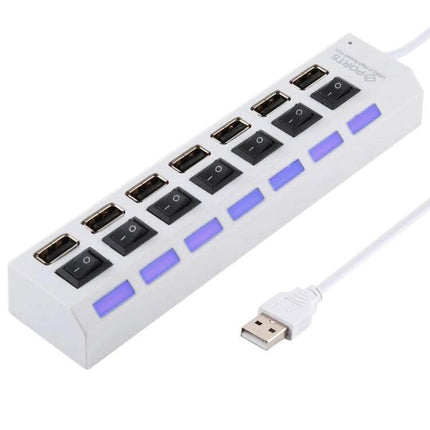 7-Port USB 2.0 Hub with Switch and LED Indicators for Device Expansion - white plug-and-play hub showing seven switchable USB ports