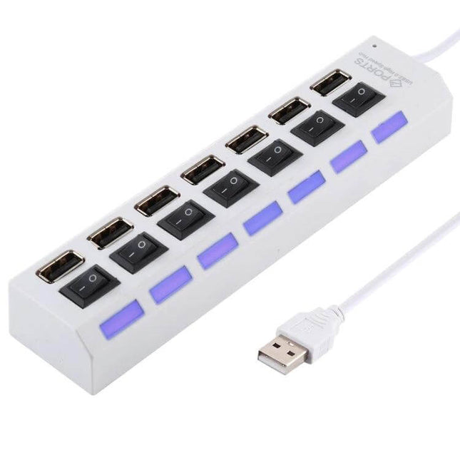 7-Port USB 2.0 Hub with Switch and LED Indicators for Device Expansion - white plug-and-play hub showing seven switchable USB ports