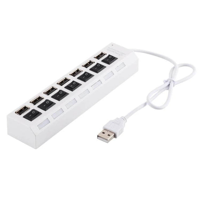 7-Port USB 2.0 Hub with Switch and LED Indicators for Device Expansion white plug-and-play hub with individual switches and USB cable