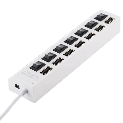 7-Port USB 2.0 Hub with Switch and LED Indicators for Device Expansion — white plug-and-play hub with individual switches and LED indicators