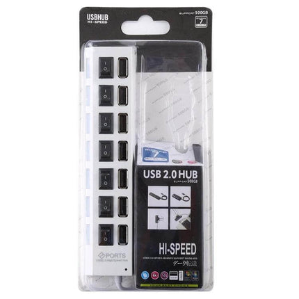 7-Port USB 2.0 Hub with Switch and LED Indicators for Device Expansion - white plug-and-play hub showing individual switches and USB ports in retail packaging