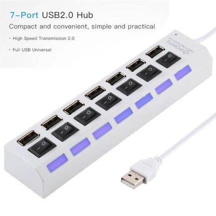7-Port USB 2.0 Hub with Switch and LED Indicators for Device Expansion white 7-port USB hub with individual switches and glowing LED indicators, USB-A cable